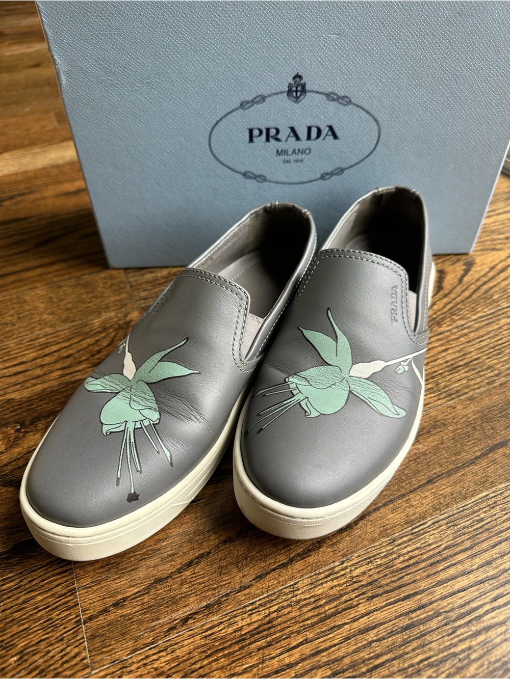 Prada Gray Espadrille Slip-On Sneakers with Mint Green Floral Detail